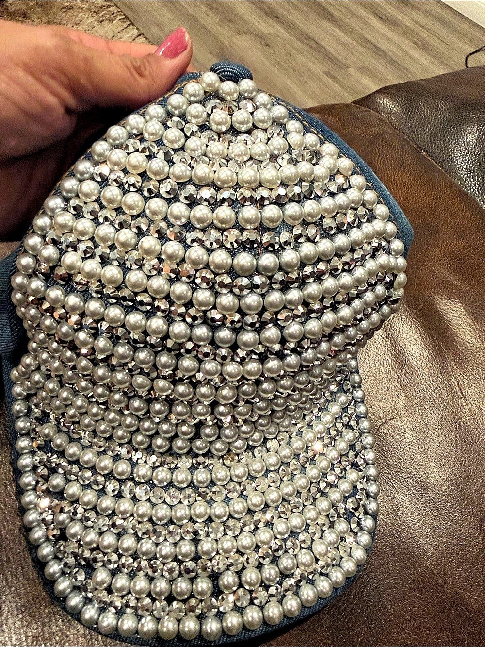 Beaded Denim Baseball Cap in Blue & pearls/bling